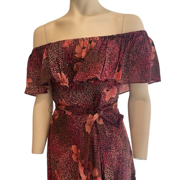 Vintage Floral Ruffled off the shoulder red and black midi dress Women’s Size 6 - Picture 3 of 10